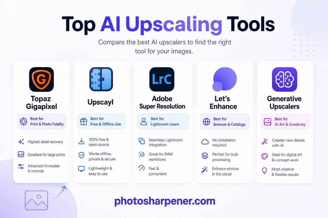 Infographic comparing top AI upscaling tools and their best use cases