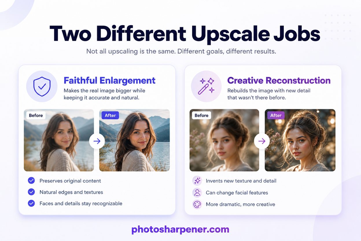 Infographic comparing faithful enlargement versus creative reconstruction upscaling