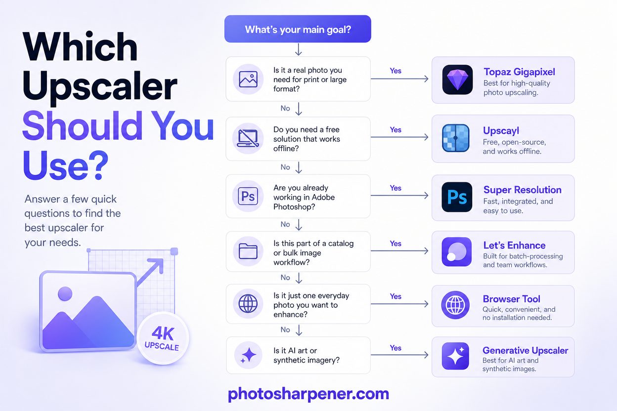 Decision flowchart for choosing the right AI upscaler