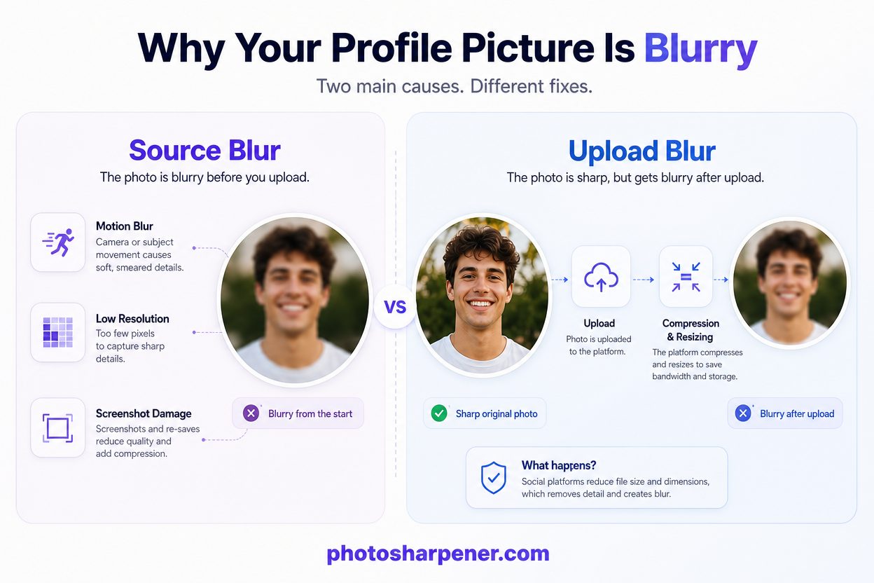 Infographic comparing source blur vs upload compression blur in profile pictures