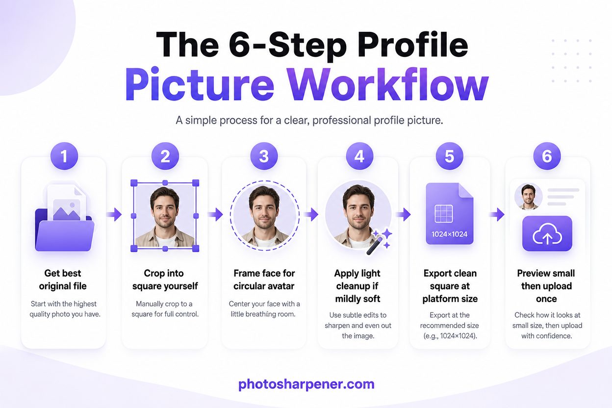 Six-step workflow from blurry photo to usable profile picture
