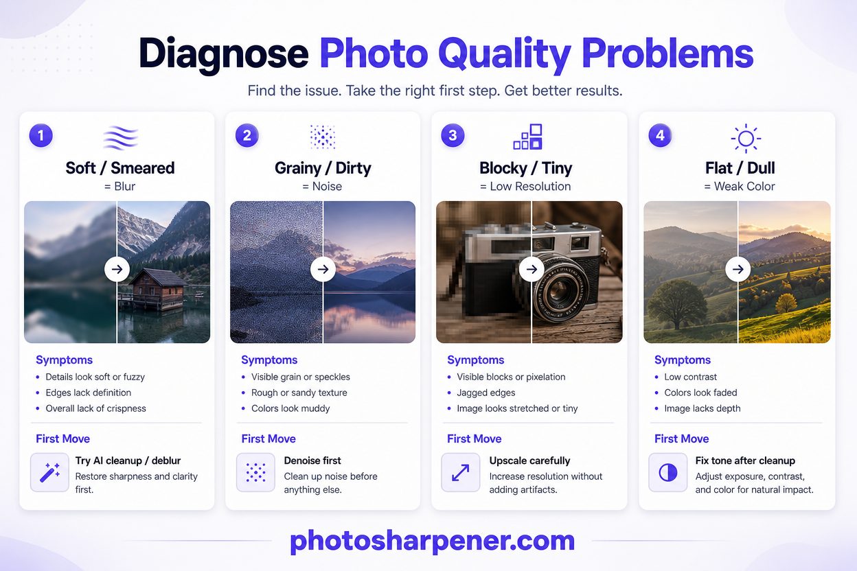 Infographic diagnosing blur, noise, low resolution, and color problems