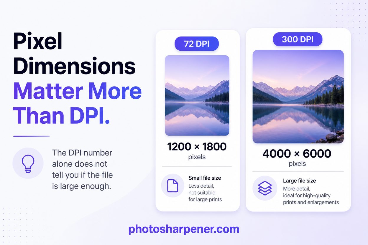 Infographic explaining why pixel dimensions matter more than the DPI label