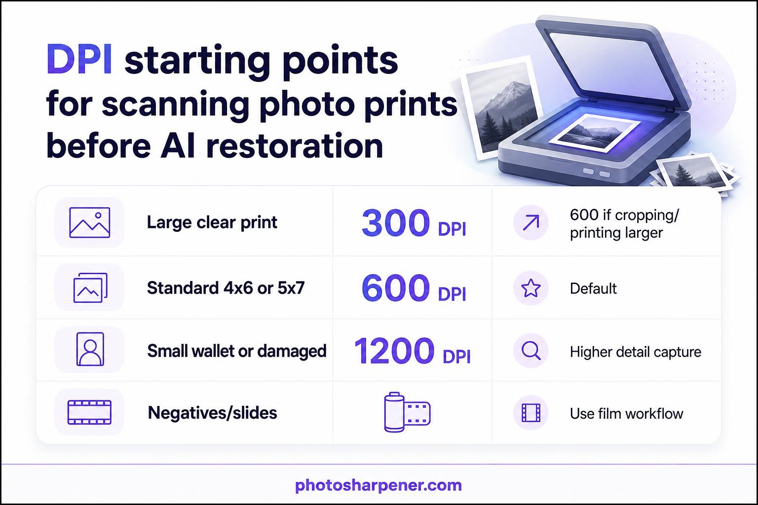 DPI starting points for scanning prints before AI restoration