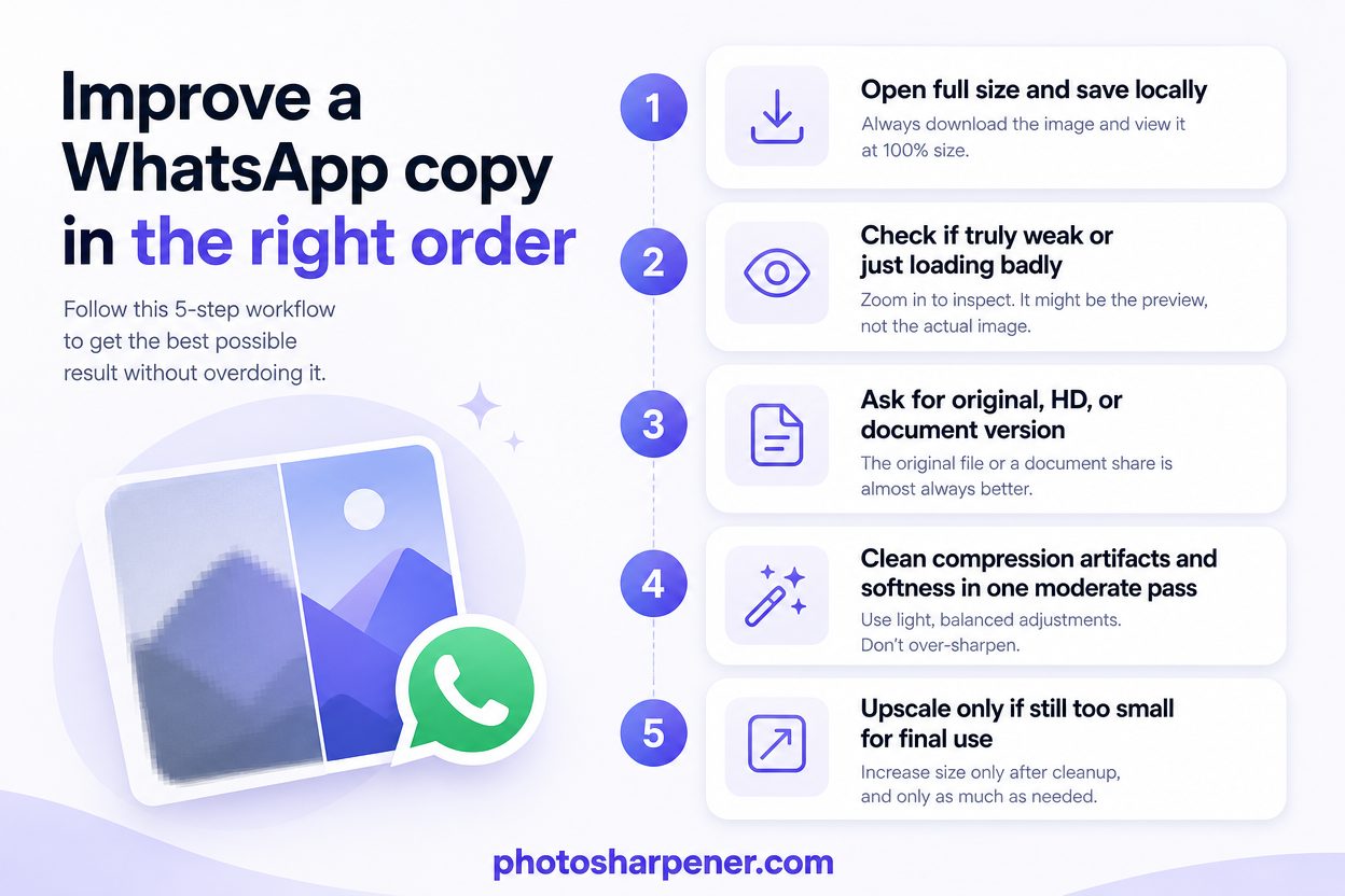 Infographic: five-step workflow from blurry WhatsApp image to usable file