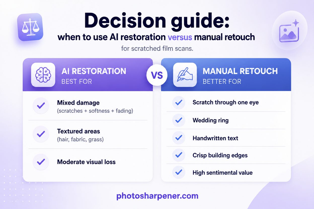 Decision guide for AI restoration versus manual retouch on scratched film scans
