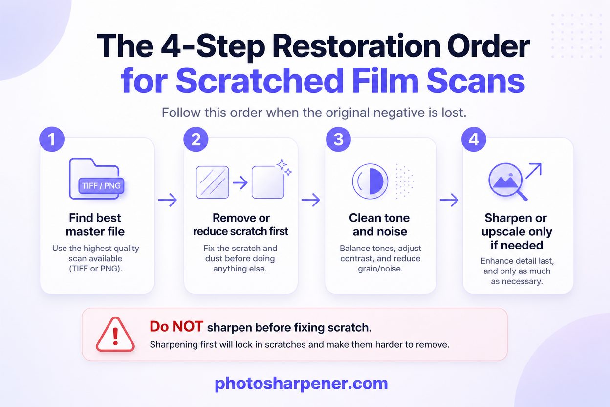 Four-step restoration order for scratched film scans when the negative is lost