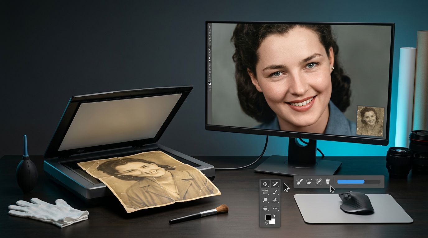 Step-by-step restoration workflow for a damaged scanned photo