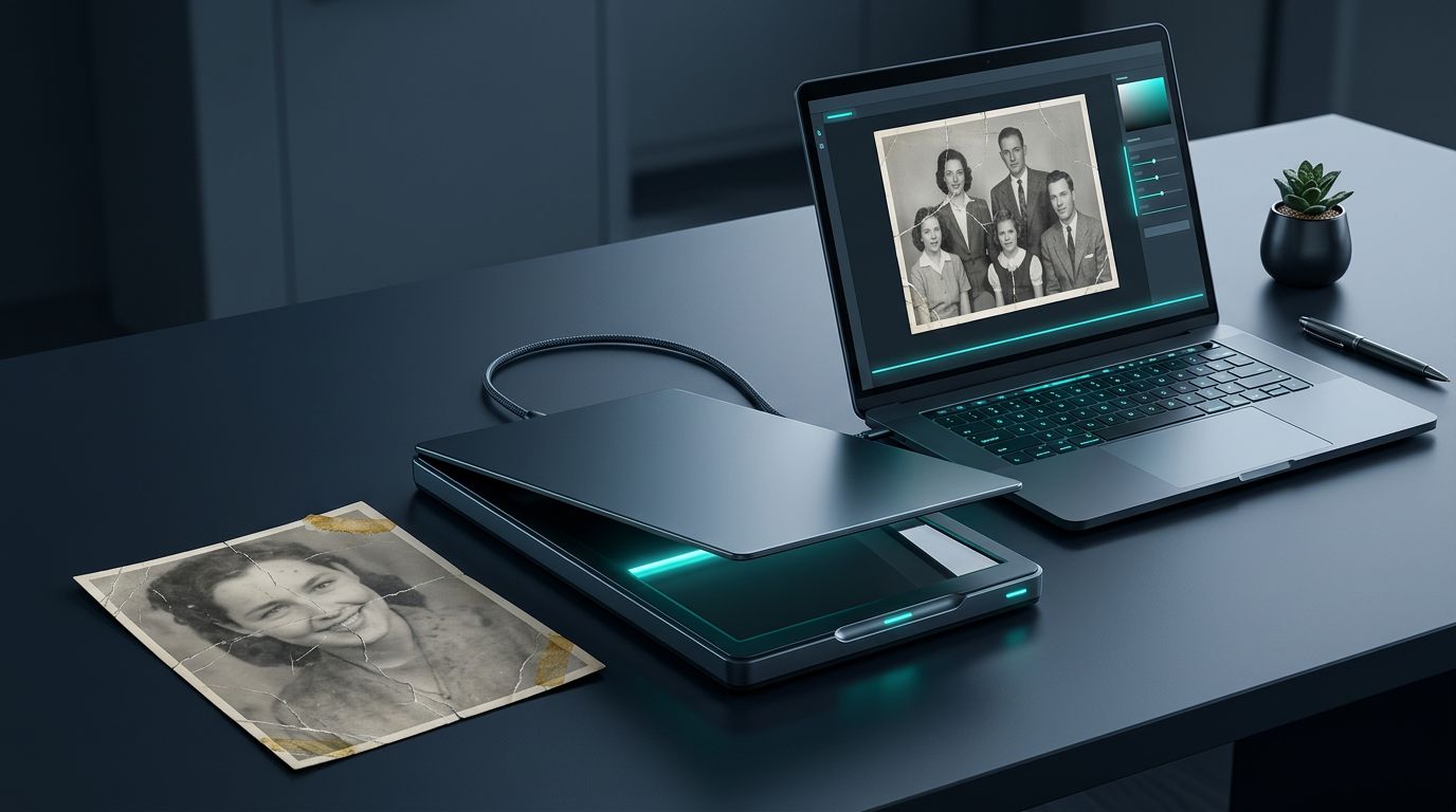 Scanner setup for a damaged old photo with fading, cracks, and tape marks