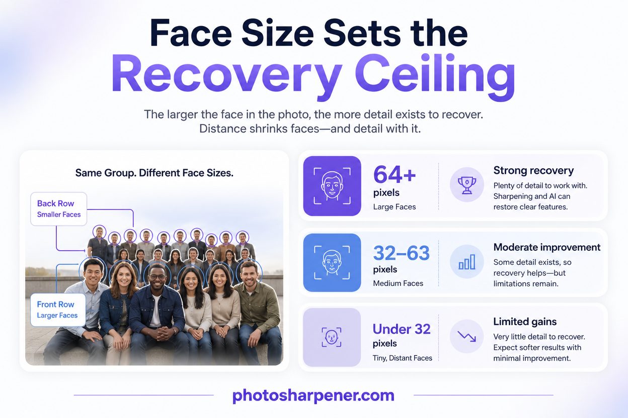 Infographic explaining how face size sets the recovery ceiling in group photos