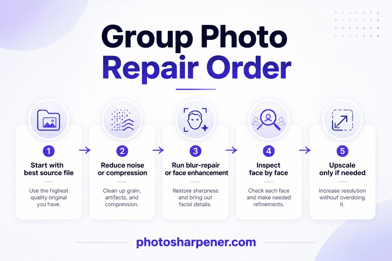 Five-step workflow for repairing blurry group photos in the correct order