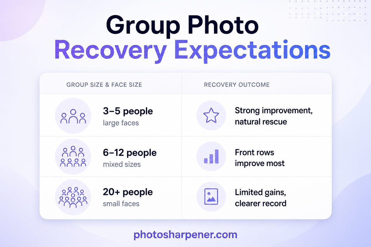 Infographic comparing group photo recovery expectations by group size
