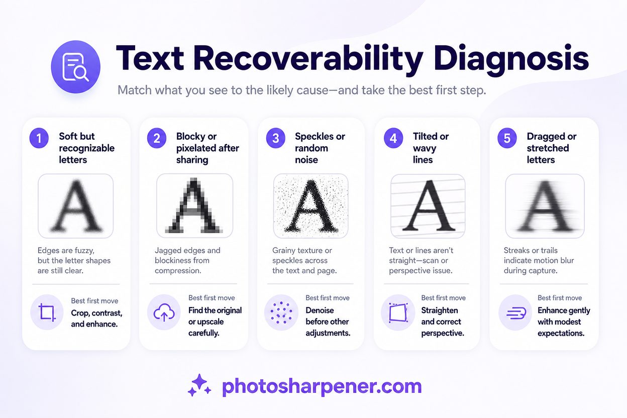 Infographic diagnosing blurry text symptoms and best first moves