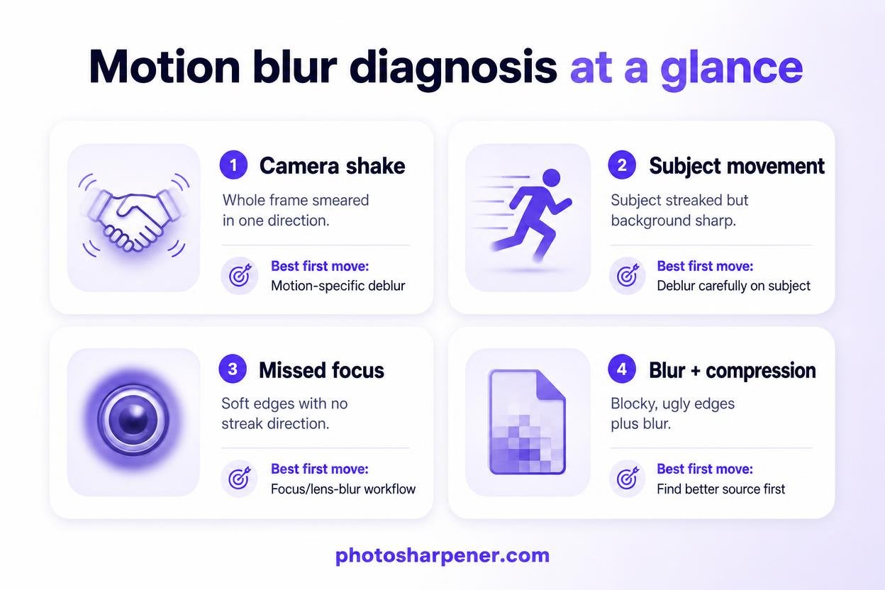 Infographic: motion blur diagnosis — camera shake, subject movement, missed focus, and compression
