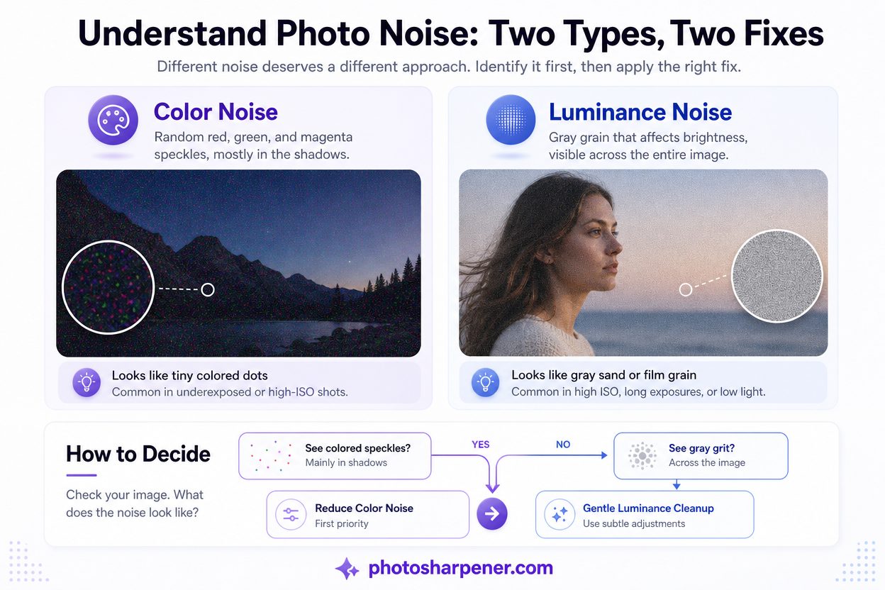 Infographic comparing color noise vs luminance noise and which cleanup to use first
