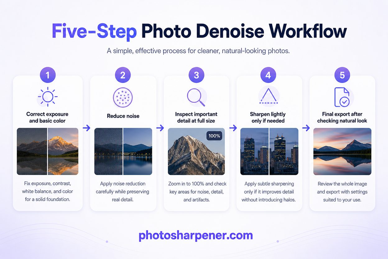 Five-step denoise workflow: exposure, noise reduction, inspect, sharpen, export