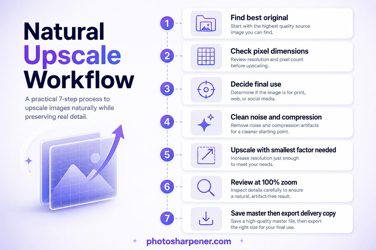 Seven-step AI upscaling workflow for natural-looking enlargements