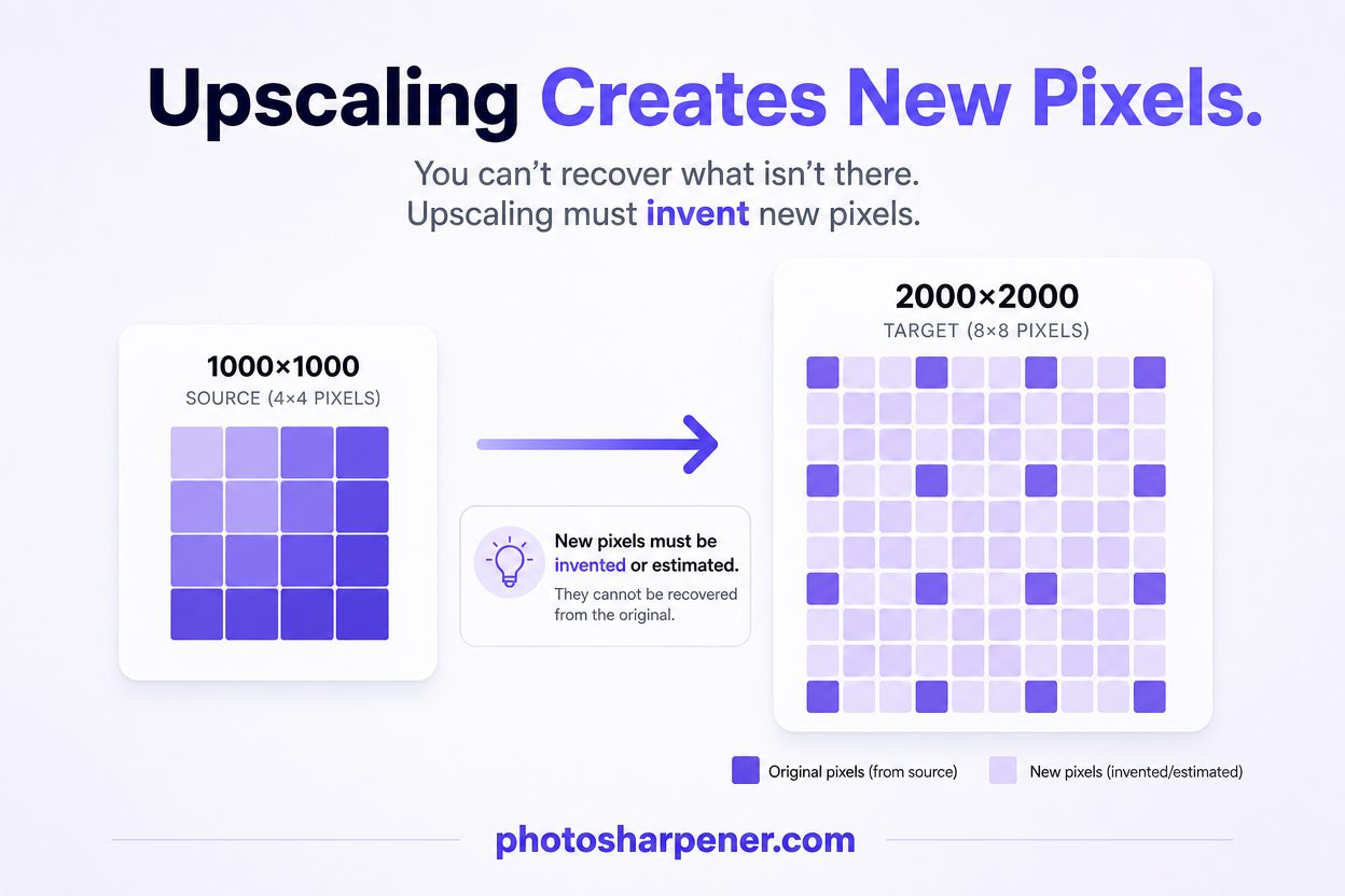 Diagram explaining why upscaling must invent new pixels instead of recovering lost data
