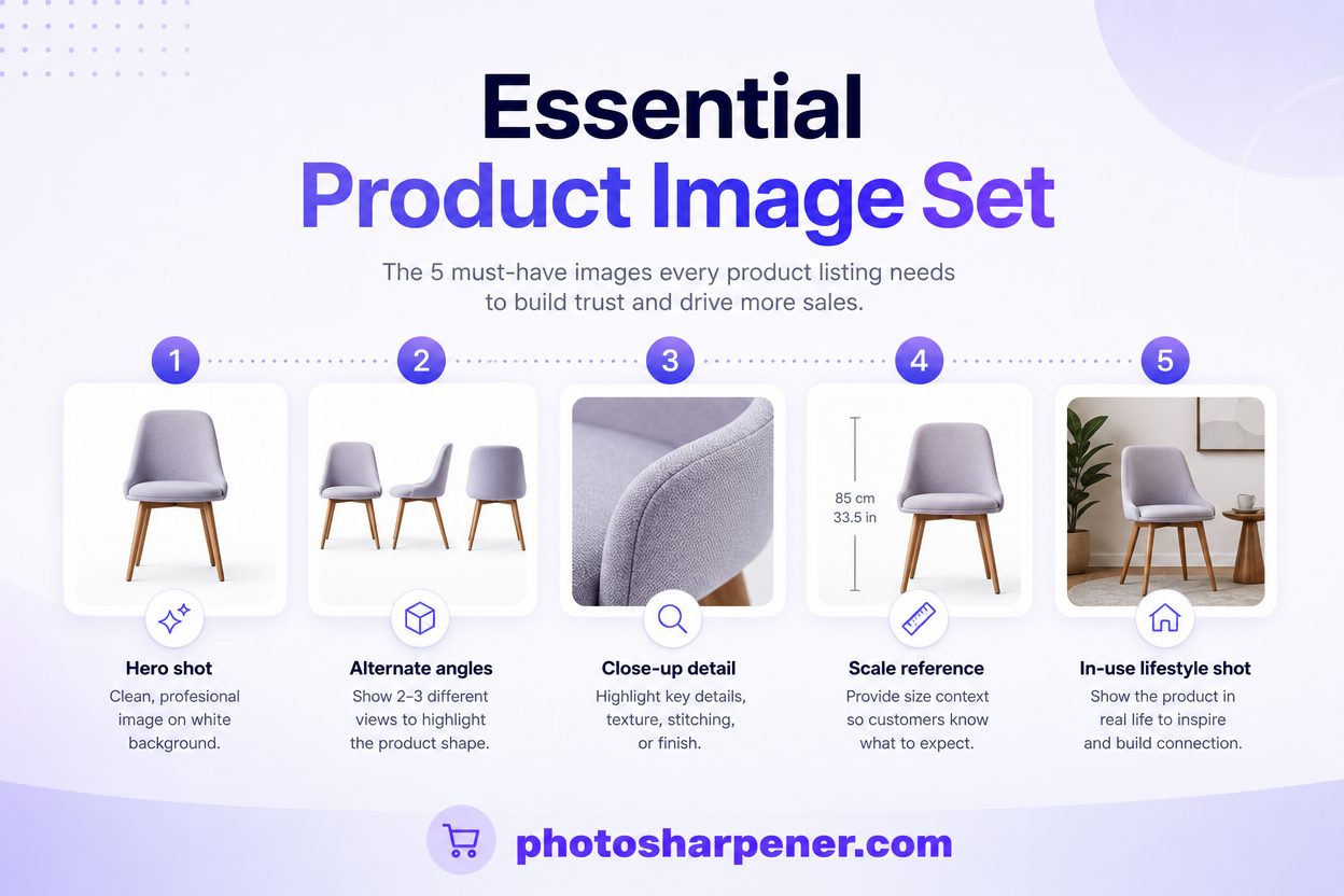 Infographic showing the essential e-commerce product image set from hero shot to in-use photo