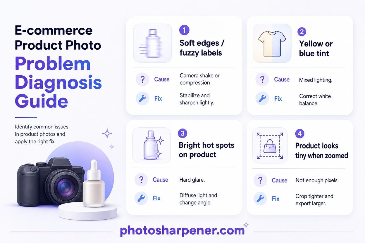 Infographic diagnosing common e-commerce product photo problems and the best first fix for each