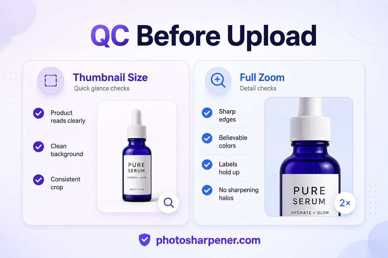 Quality control checklist for reviewing product photos at thumbnail size and full zoom
