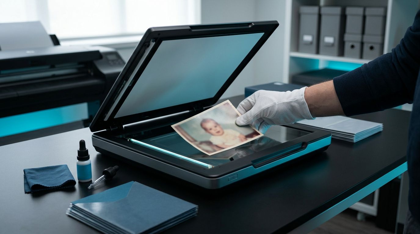 High-resolution scan setup for preserving a baby photo before printing