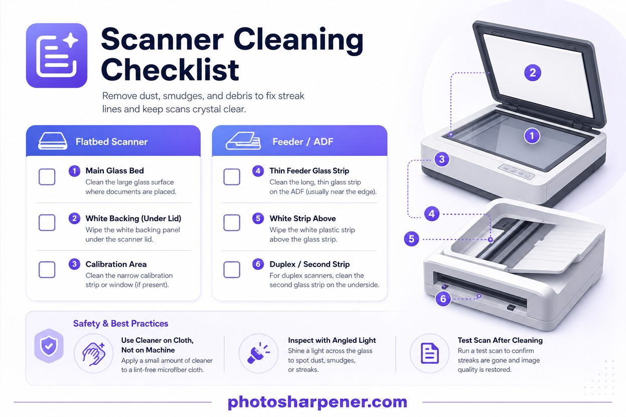 Scanner cleaning checklist for fixing streak lines on flatbed and feeder scanners