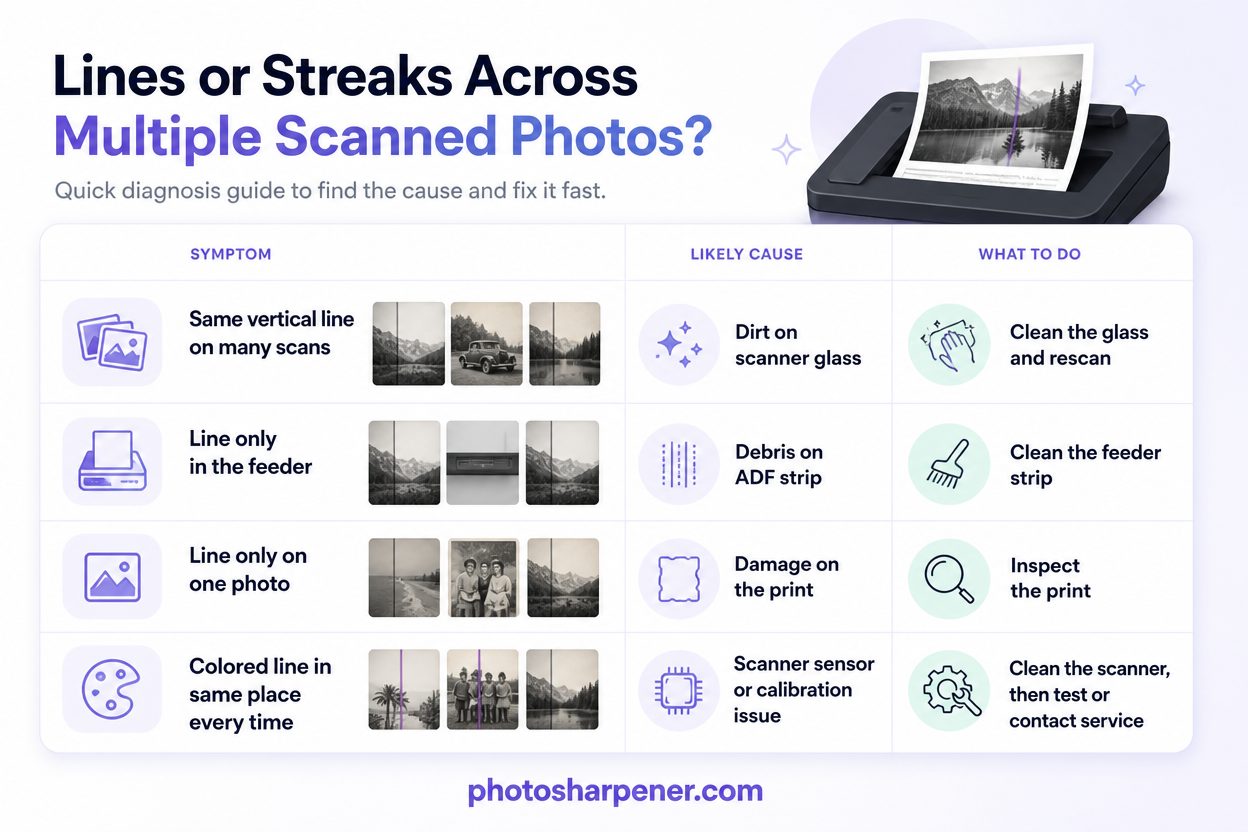 Diagnostic guide for lines or streaks across multiple scanned photos