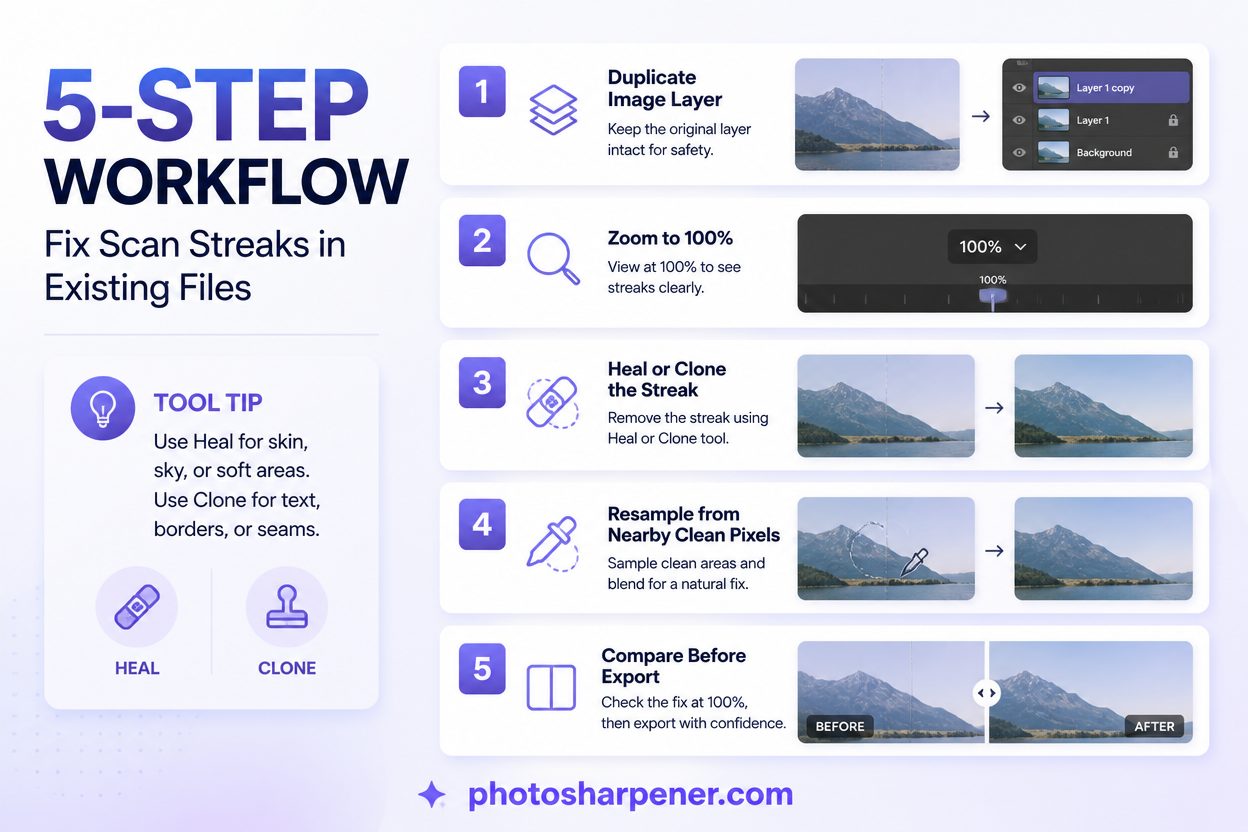 Five-step workflow for repairing scan streaks with heal and clone tools