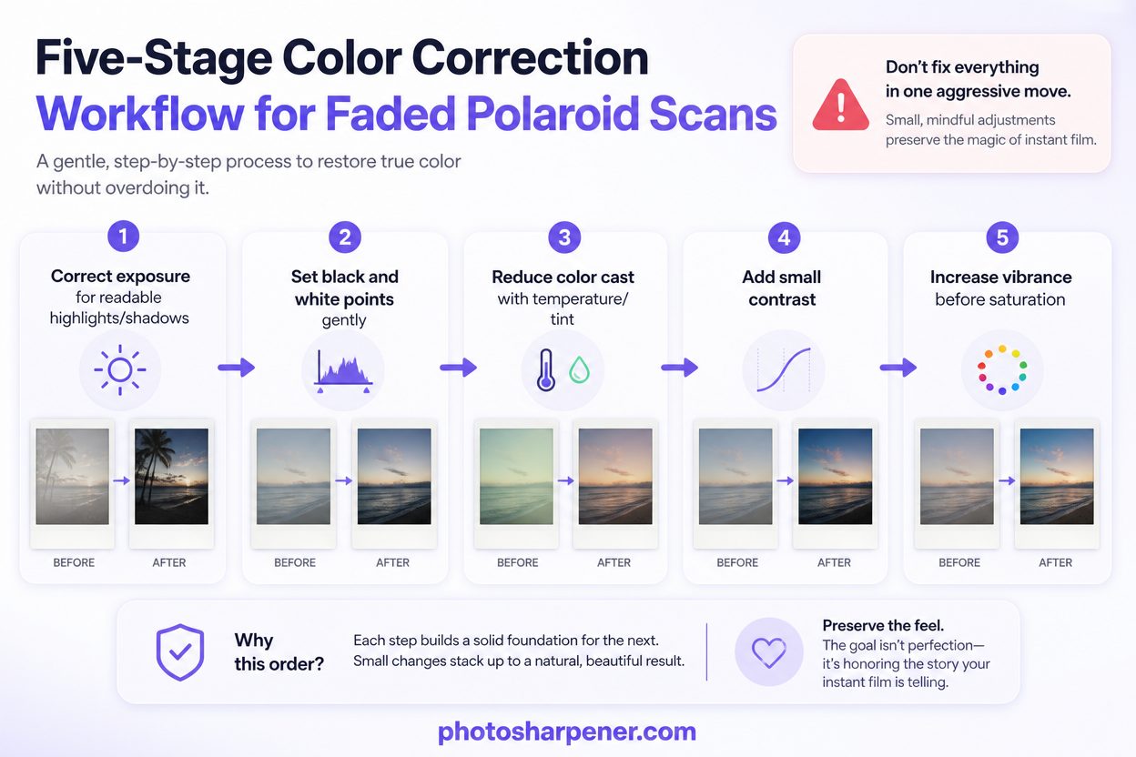 Five-stage color correction workflow for faded Polaroid scans