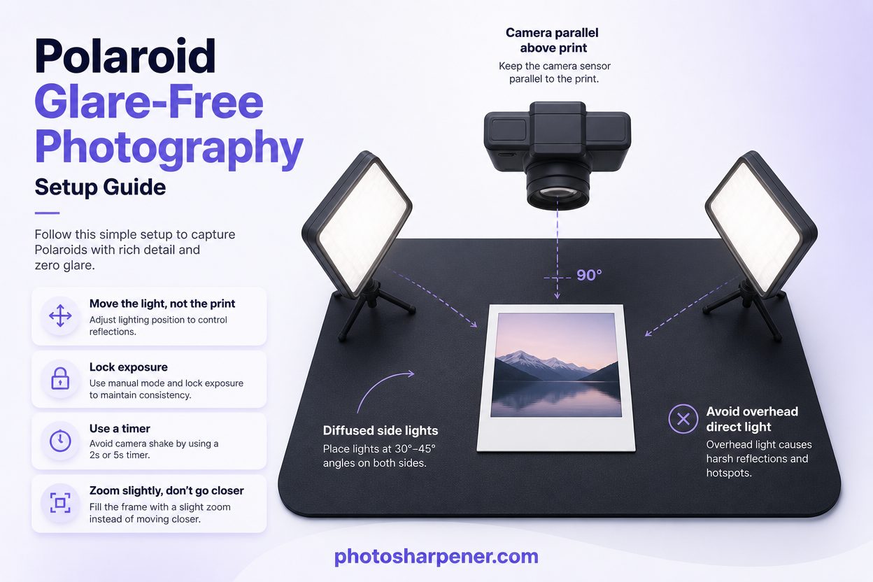 Polaroid glare-free photography setup with diffused side lighting
