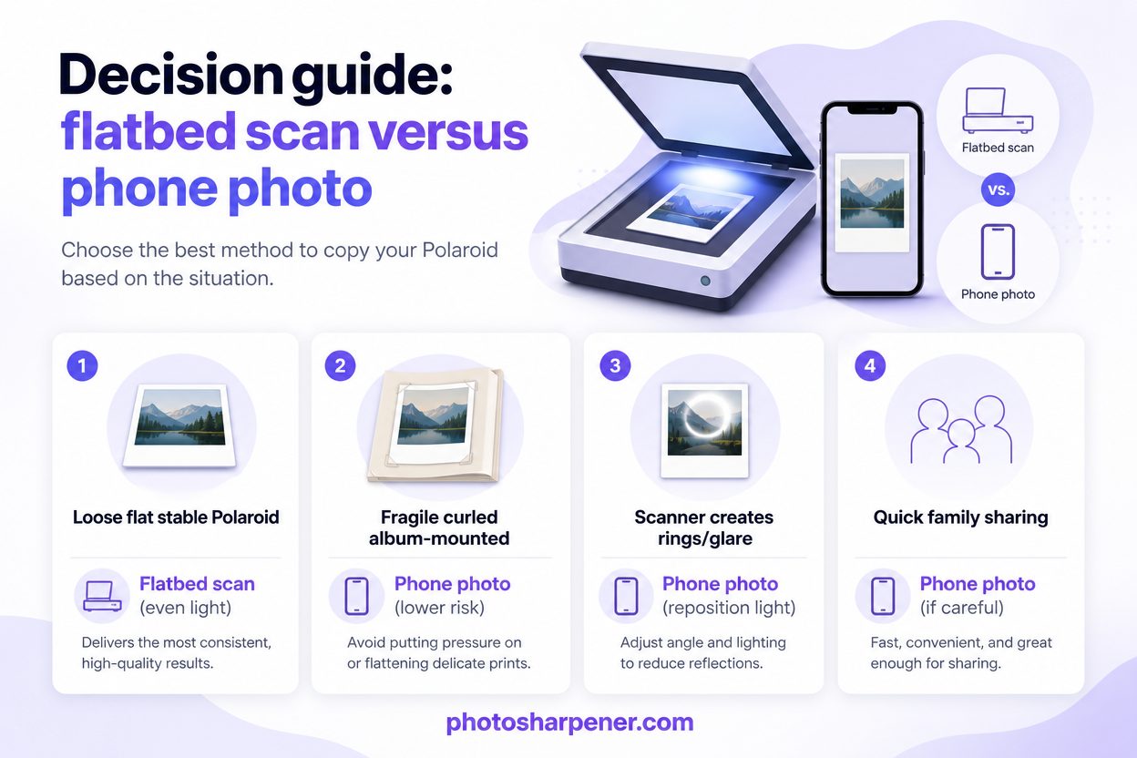 Decision guide for flatbed scan versus phone photo when copying a Polaroid