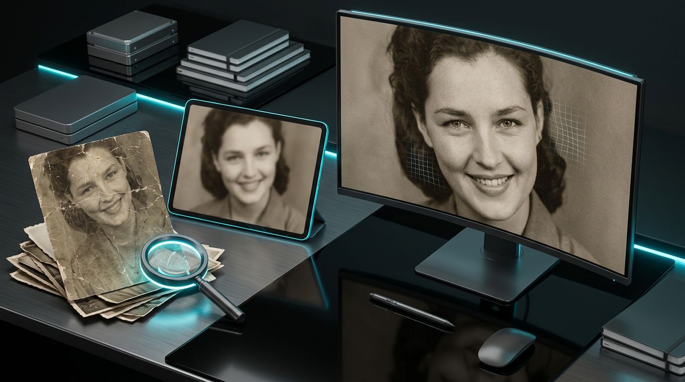 Conservative face restoration workflow for an old portrait