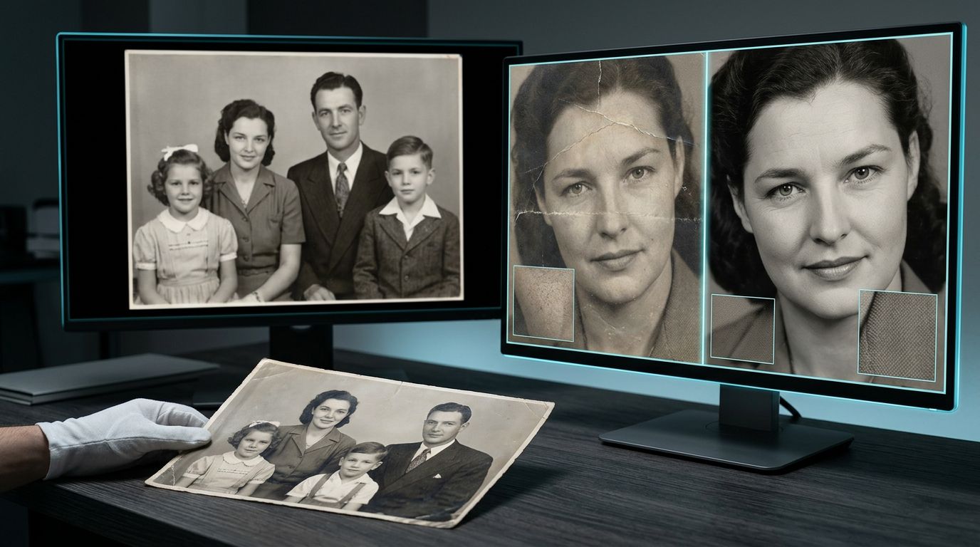 High-resolution scan review setup for preserving facial identity in an old family photo