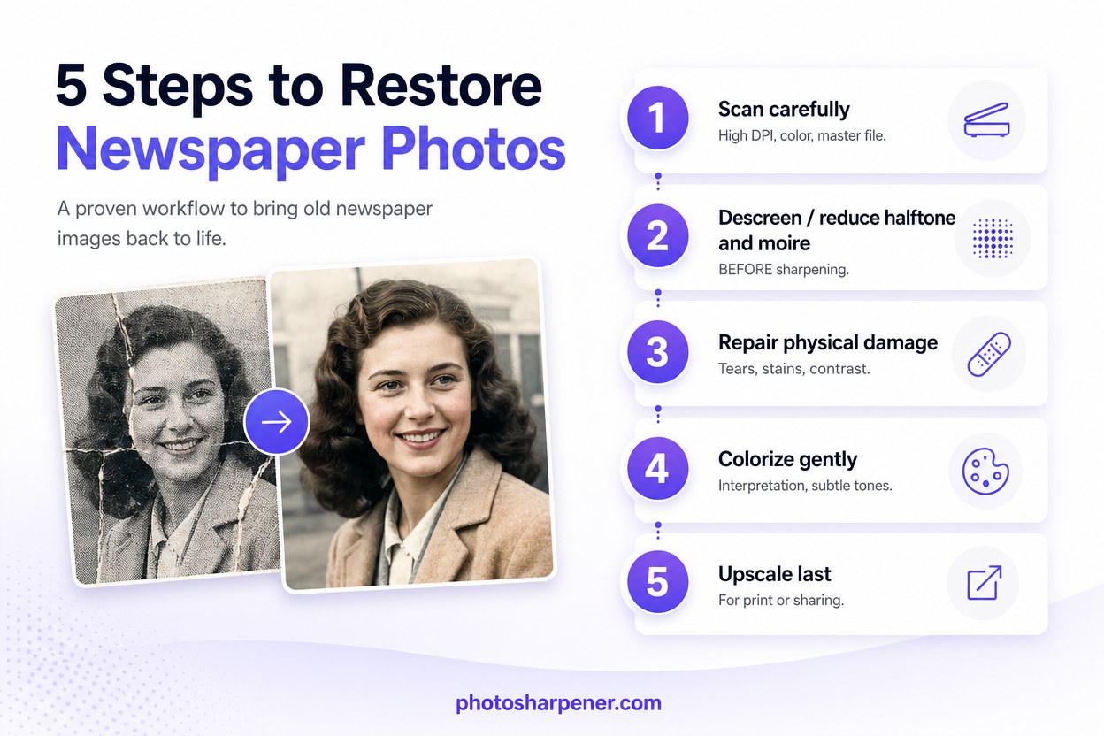 Five-stage workflow for restoring scanned newspaper photos: scan, descreen, repair damage, colorize, then upscale