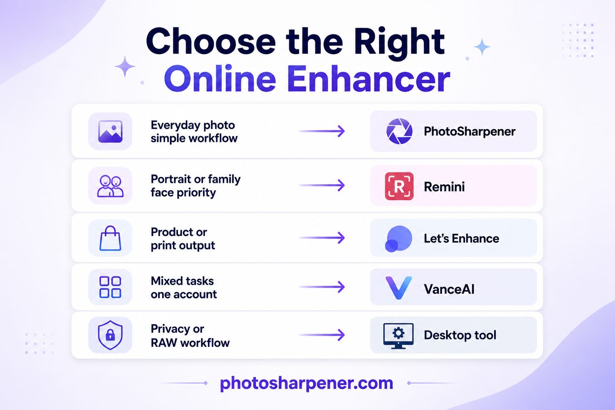 Decision checklist infographic for choosing the right online image enhancer