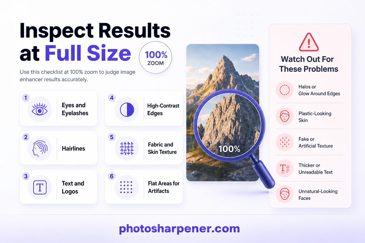 Infographic checklist for inspecting enhancer results at 100% zoom