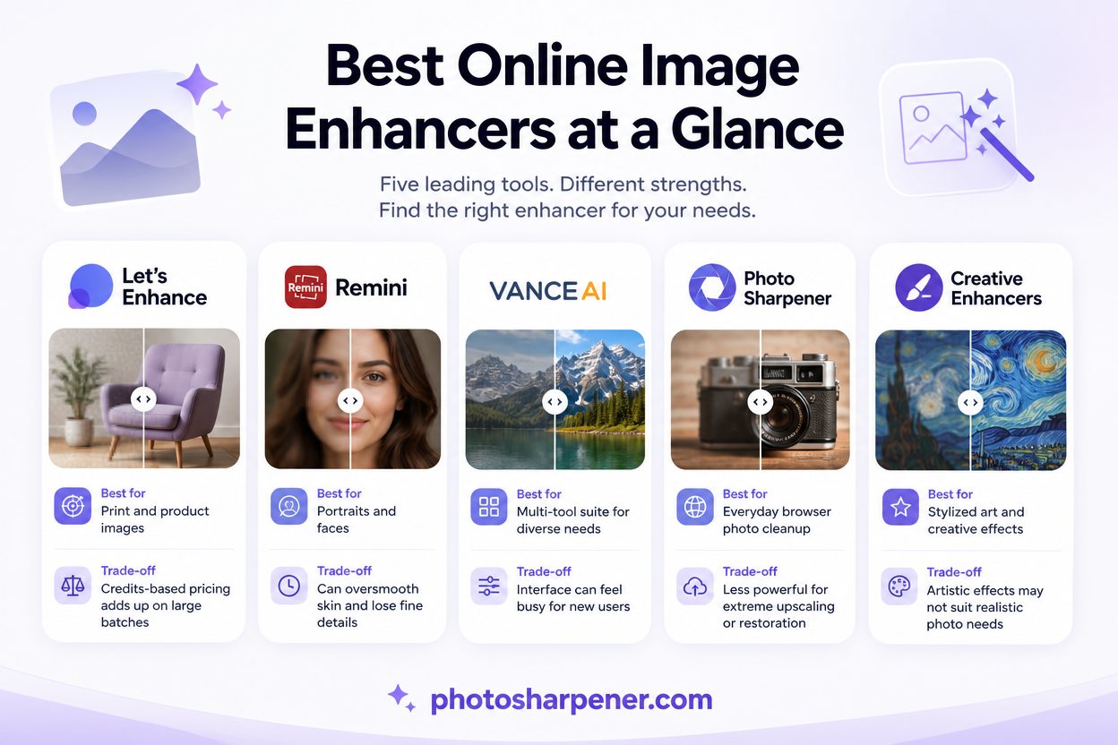 Infographic comparing the best online image enhancers by use case