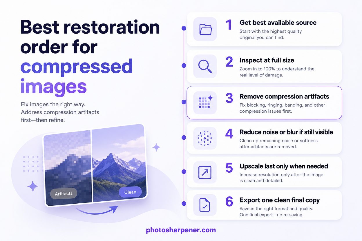 Infographic: restoration order for compressed images — source, cleanup, sharpen, upscale last