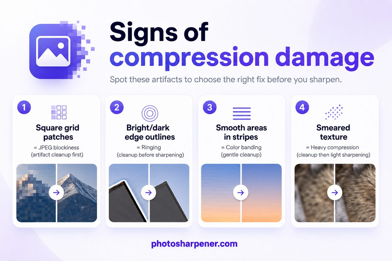 Infographic: compression artifact signs — blockiness, ringing, banding, and smeared texture