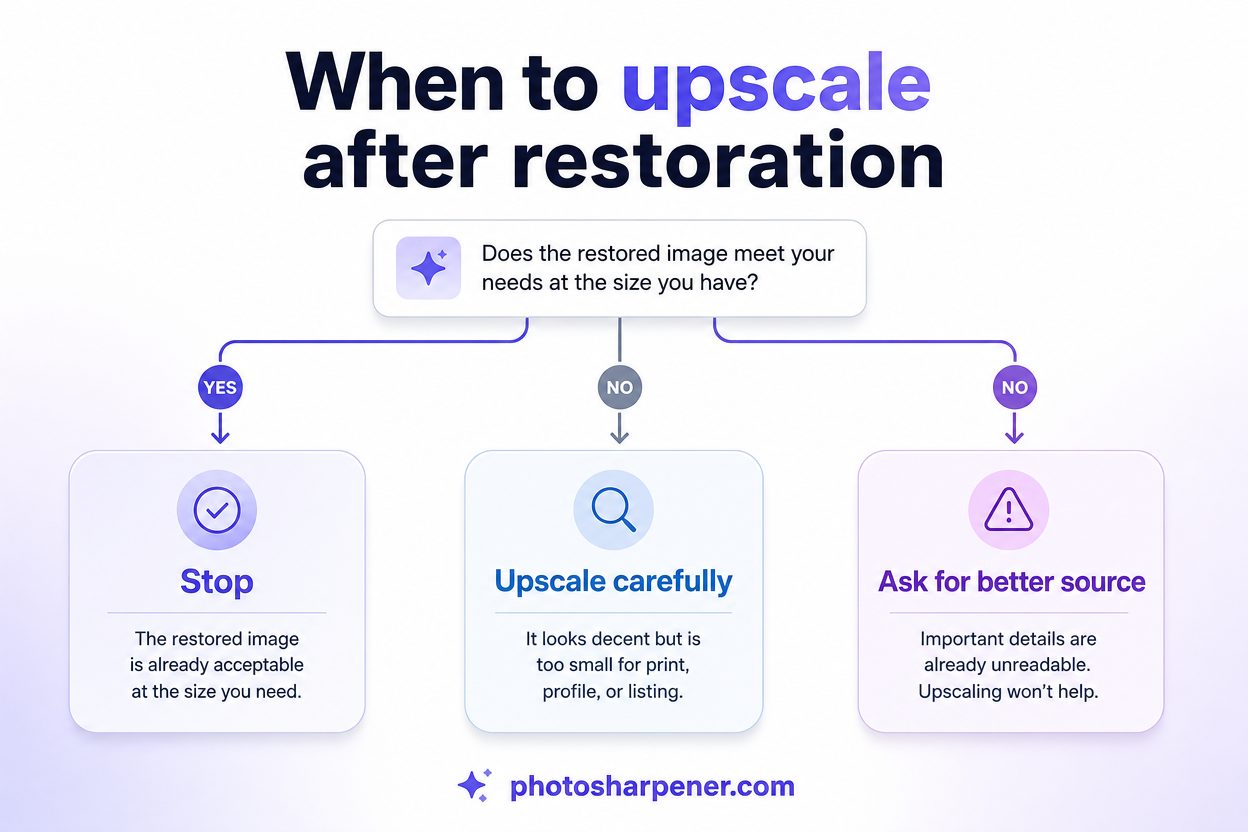 Infographic: when to upscale after restoration — stop, upscale carefully, or find a better source