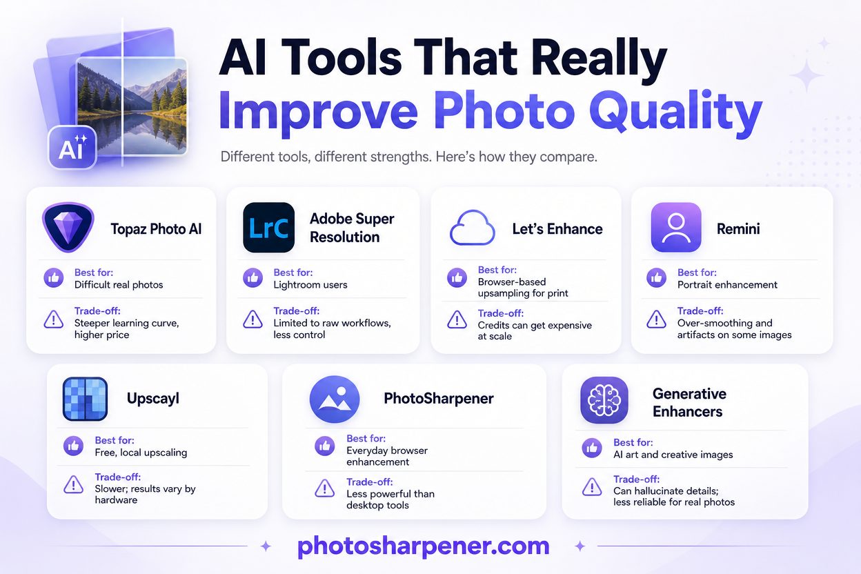 Infographic comparing AI tools that really improve photo quality by use case