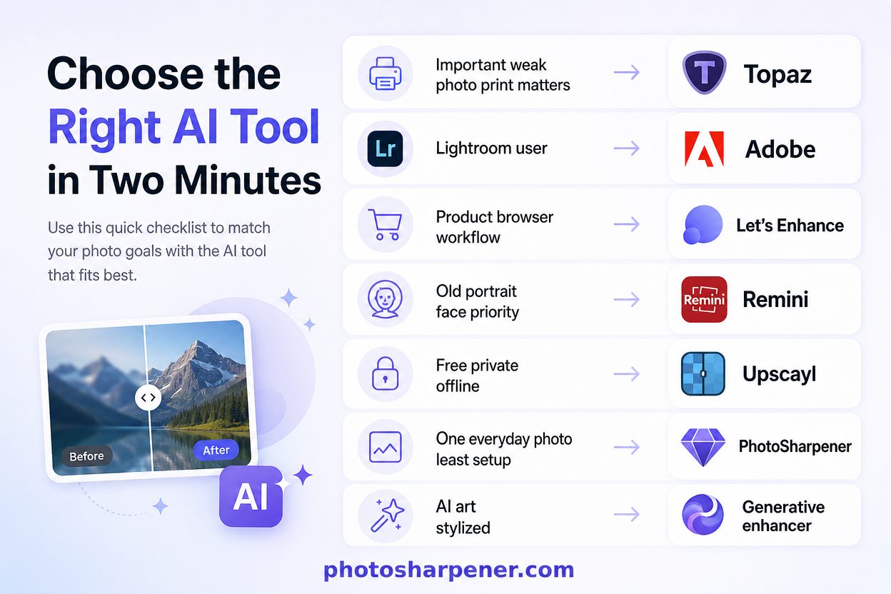 Decision checklist infographic for choosing the right AI photo quality tool