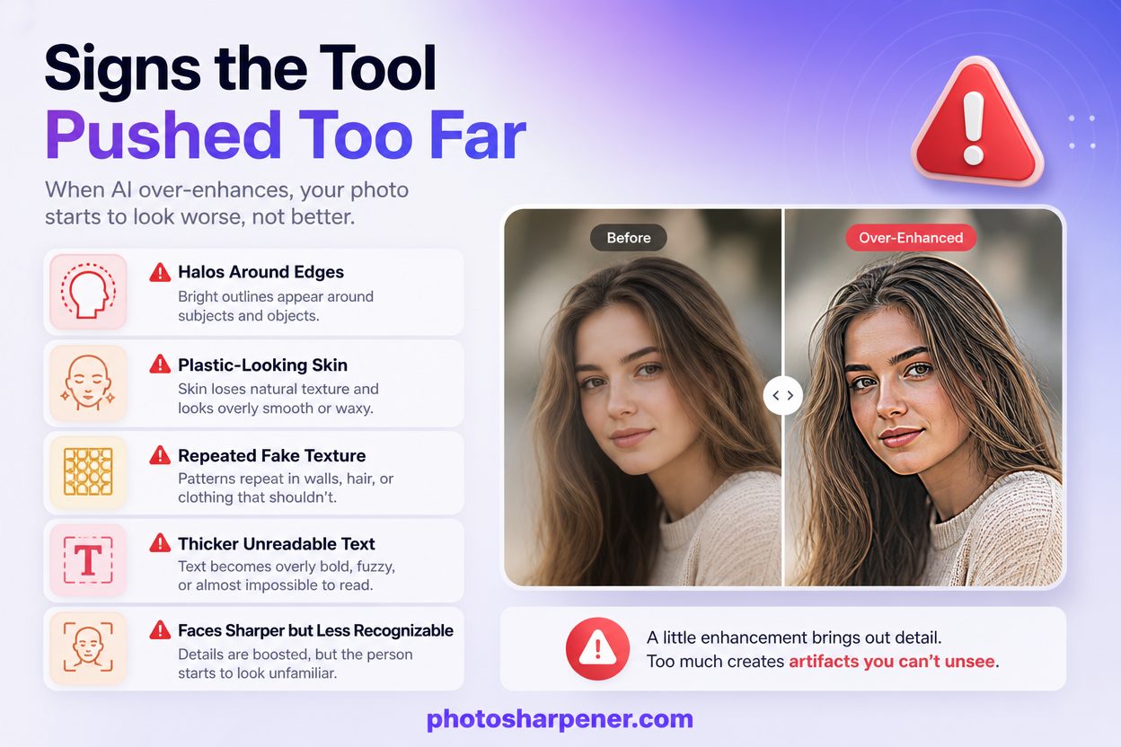 Infographic showing common AI photo enhancement failure signs to watch for