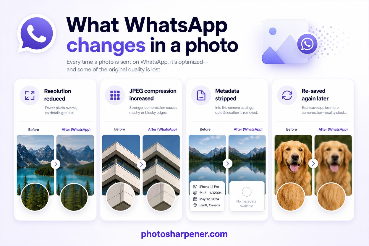Infographic: what WhatsApp changes — resolution, compression, metadata, and re-saving
