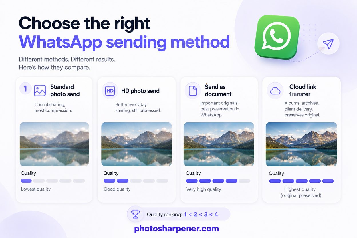 Infographic: WhatsApp sending methods compared — standard, HD, document, and cloud link