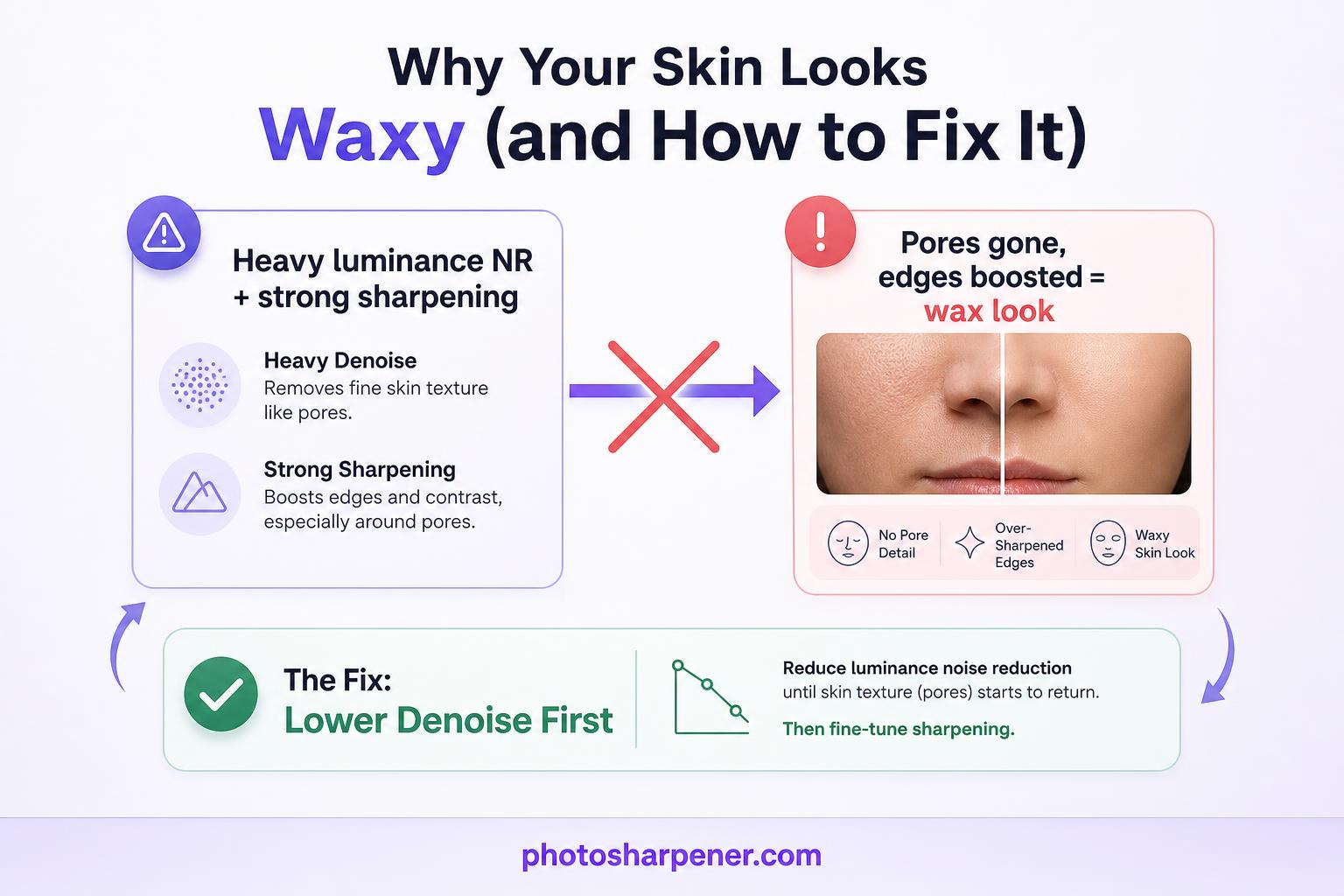 Why strong luminance noise reduction plus heavy sharpening often produces plastic skin