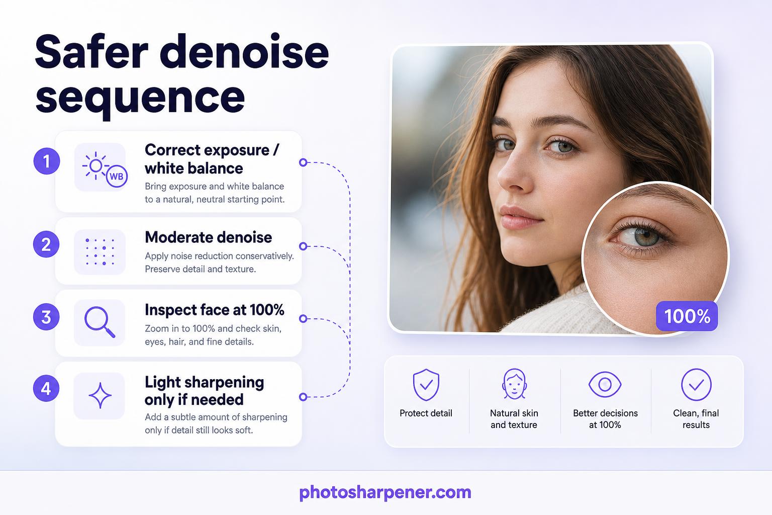 Safer baseline sequence for exposure, denoise, inspection, and light sharpening