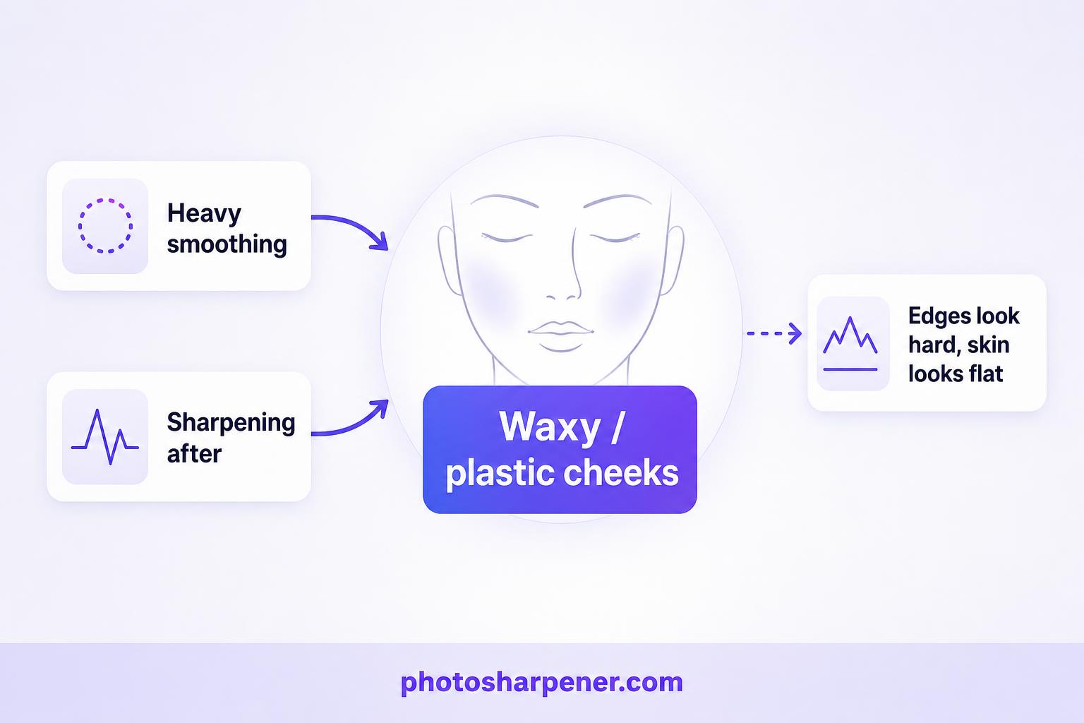 How heavy smoothing plus post-denoise sharpening creates a waxy face look