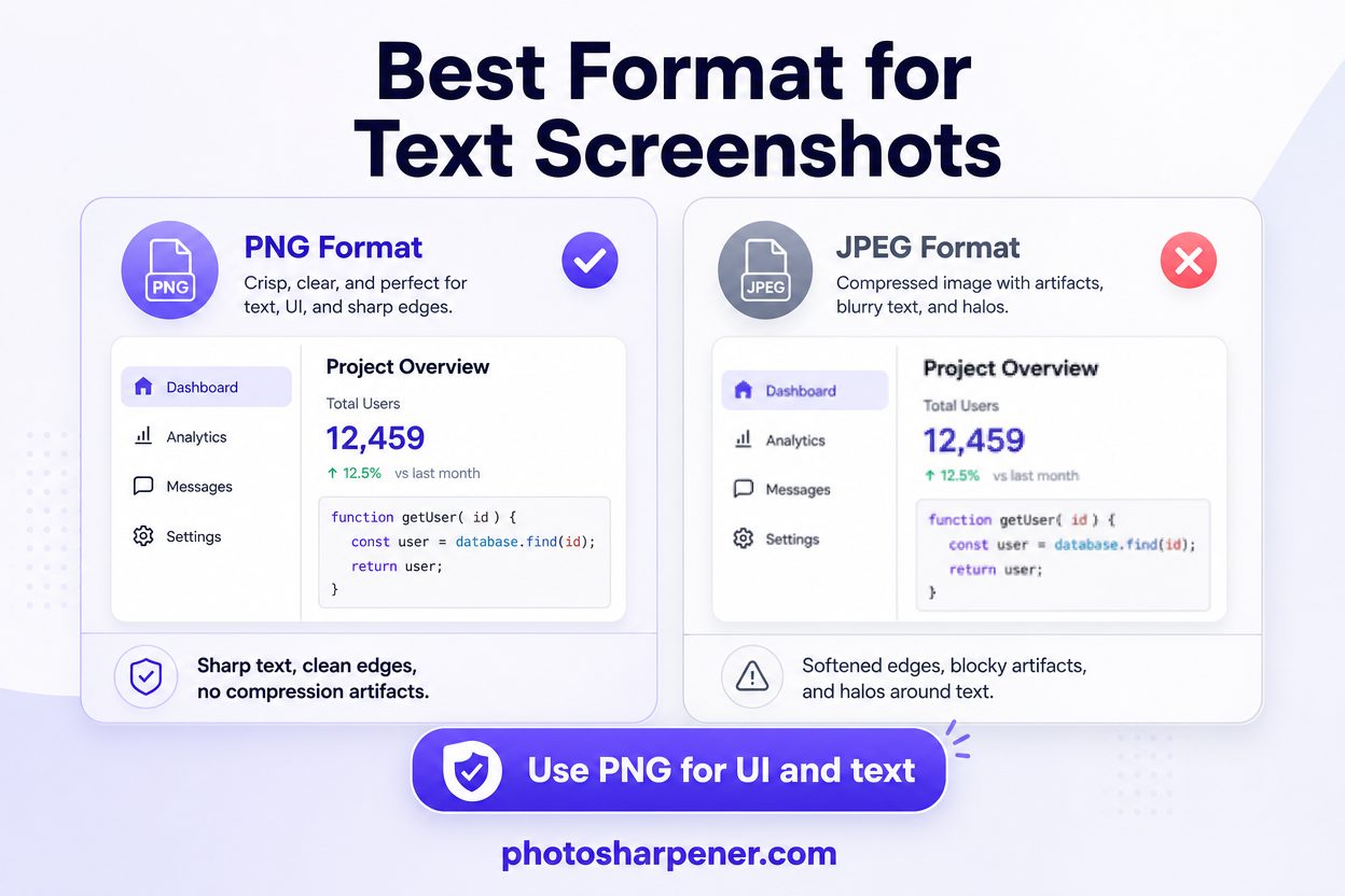 Infographic comparing PNG versus JPEG for screenshots with text